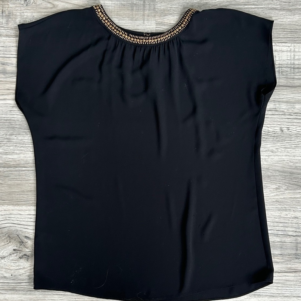 Loft Short Sleeve Black Top w/Gold Bead Neckline Sz S